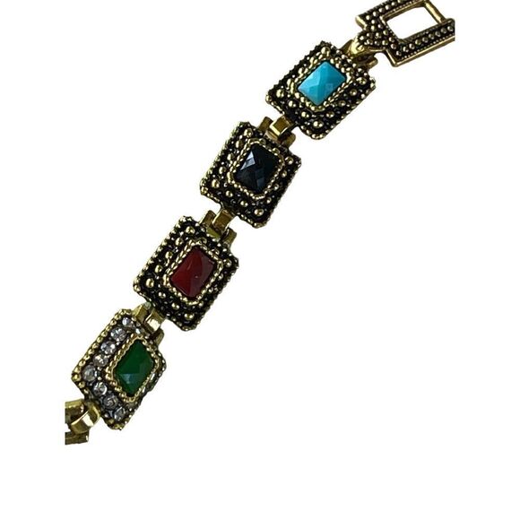 Costume jewelry colorful rectangular shape design gold tone  bracelet - Picture 5 of 10